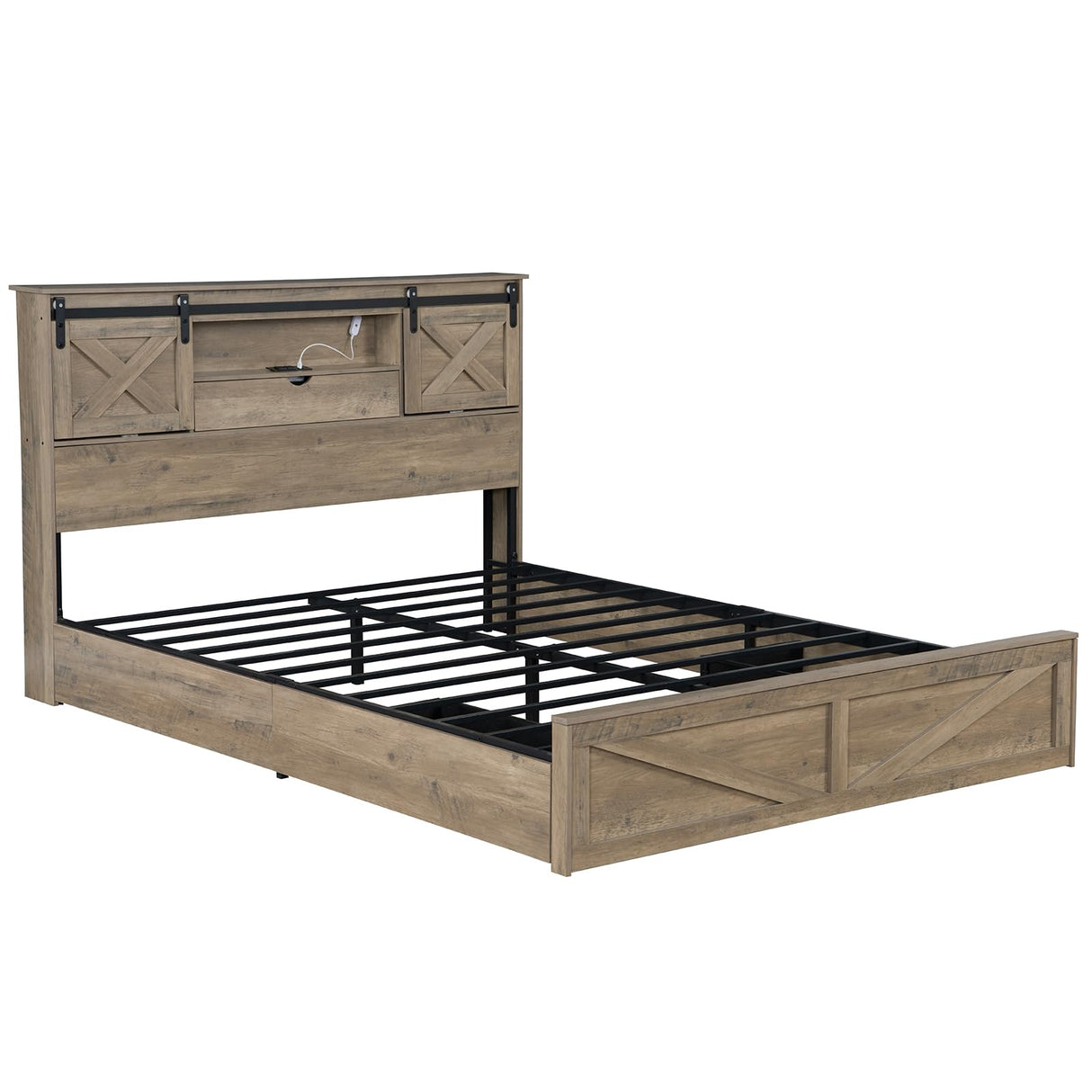 Farmhouse Queen Bed Frame with Storage Drawers & Bookcase Headboard - LED Lights, USB Charging Station, Sliding Barn Door, Wooden Platform Bed No Box Spring Needed Rustic Oak Bedroom Furniture Set SLEERWAY