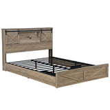 Farmhouse Queen Bed Frame with Storage Drawers & Bookcase Headboard - LED Lights, USB Charging Station, Sliding Barn Door, Wooden Platform Bed No Box Spring Needed Rustic Oak Bedroom Furniture Set SLEERWAY