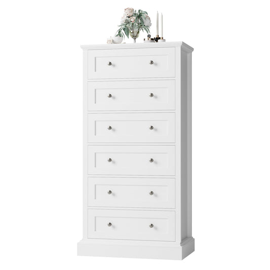 FACBOTALL 6 Drawer Dresser, 56" Tall White Dresser with Mental Double Handles, Chest of Drawers Cabinet for Hallway Living Room - WoodArtSupply