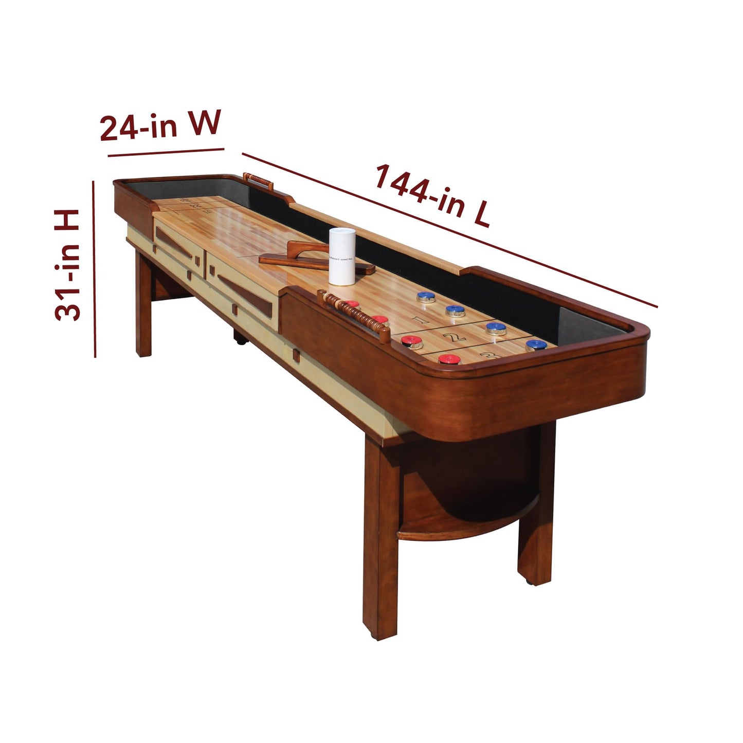 Hathaway Merlot 12-ft Shuffleboard Table for Family Game Rooms with Butcher Block Playing Surface, Reinforced Legs with Levelers, 8 Pucks, Table Brush and Wax, Walnut - WoodArtSupply