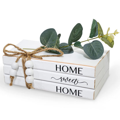 LARAINEIK 3 Pieces Wooden Decorative White Books, Rustic Farmhouse Book Stack, Faux Books for Coffee Table Shelves with Wood Bead Tassels and Leaves, for Modern Home Decor, 7'x 4.6'x 2.5'