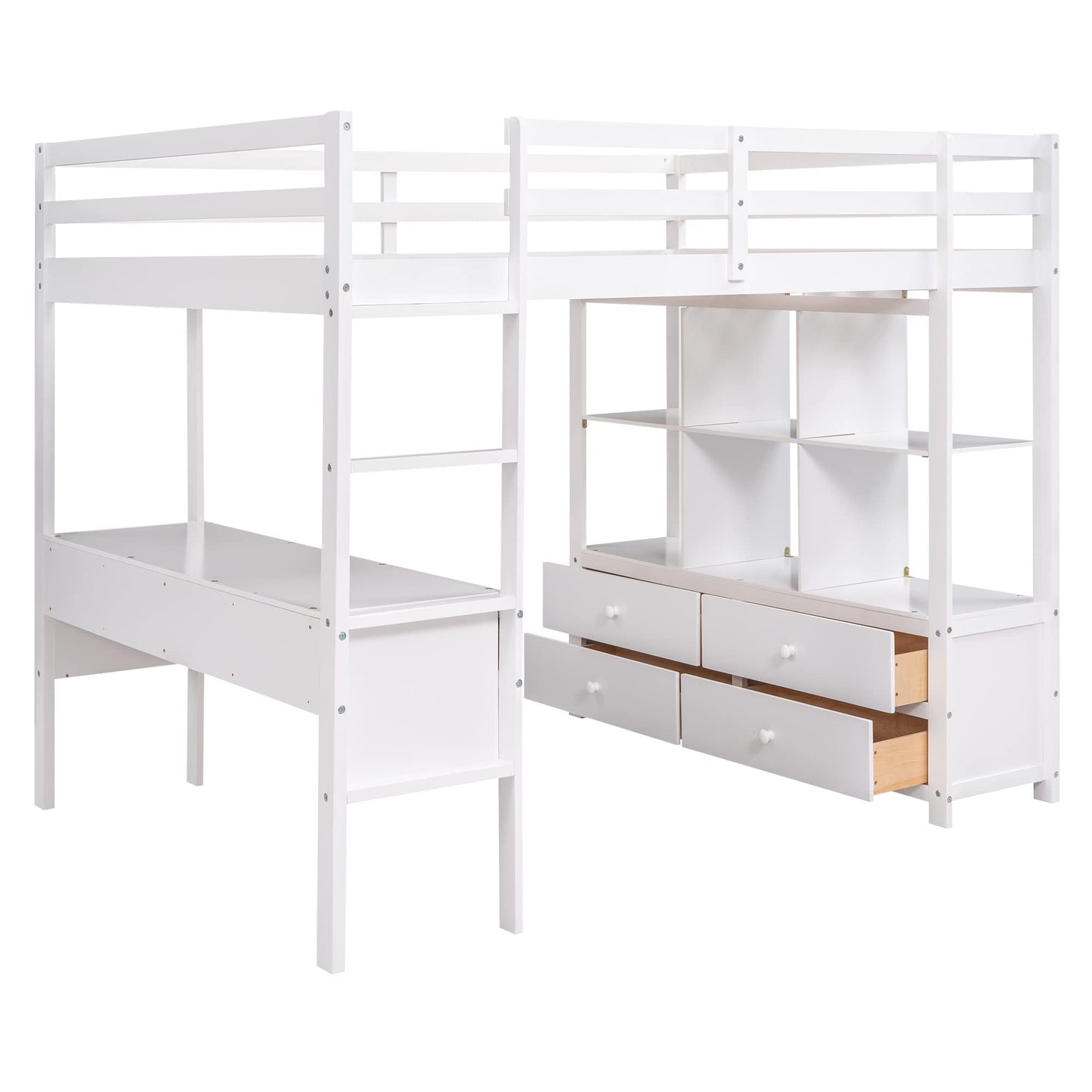 Merax Full Size Loft Bed with Built-in Desk, Drawers, and Storage Solutions in White - WoodArtSupply