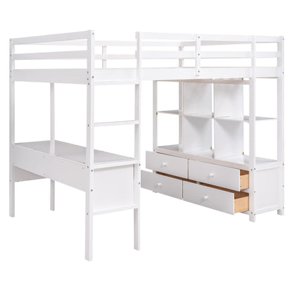 Merax Full Size Loft Bed with Built-in Desk, Drawers, and Storage Solutions in White - WoodArtSupply