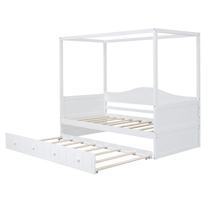 Bellemave Twin Size Canopy Daybed with Trundle,Wood Canopy Bed Frame,4 Poster Bed for Kids,Teens, Adults,Space Saving,White