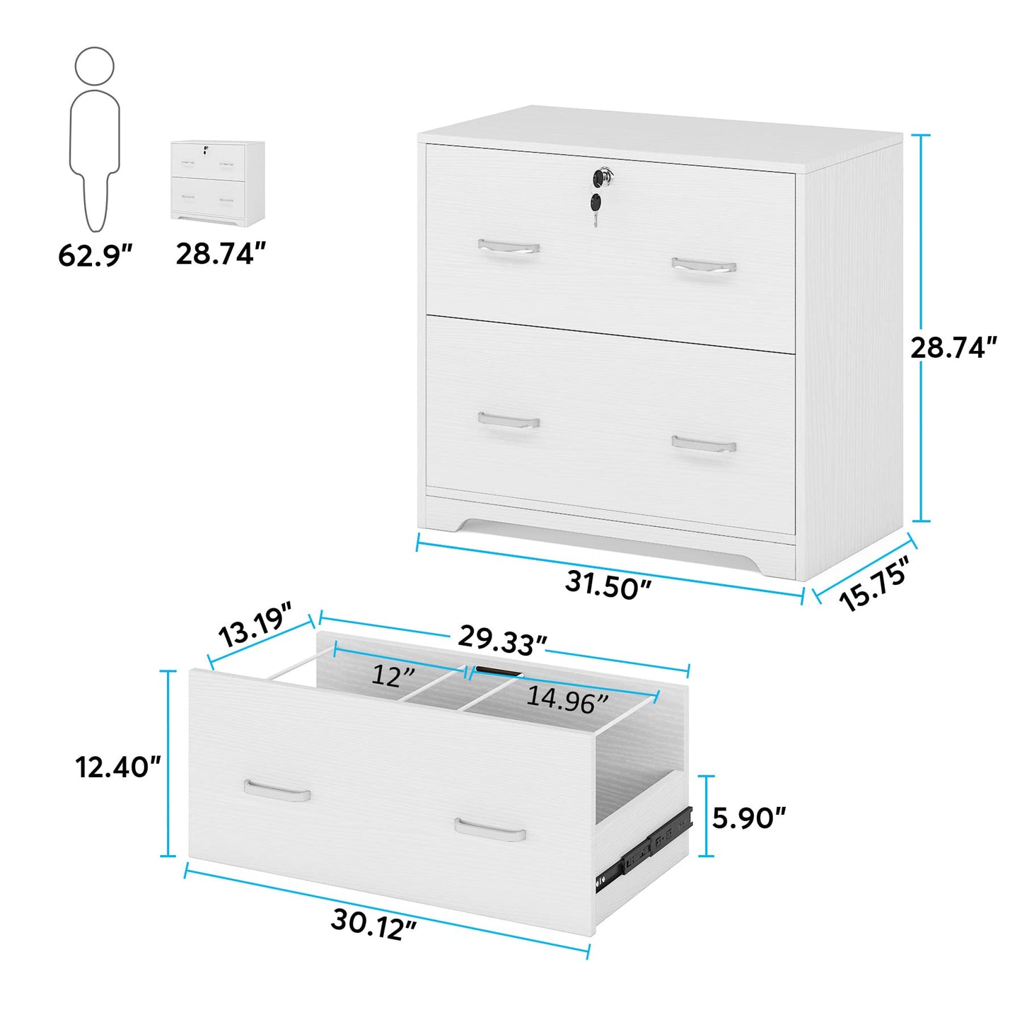 Tribesigns 2-Drawer Lateral File Cabinet, Large Filing Cabinet for Letter/Legal/F4/A4 Size, Modern Wood Office Storage Cabinet with Lock, Printer Stand for Home Office, White - WoodArtSupply