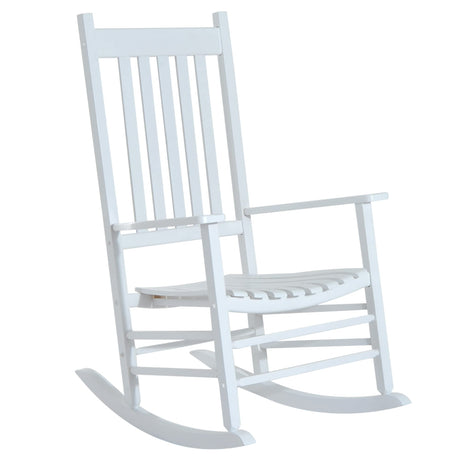 Outsunny Outdoor Rocking Chair, Wooden Rocking Patio Chairs with Rustic High Back, Slatted Seat and Backrest for Indoor, Backyard, Garden, White Outsunny
