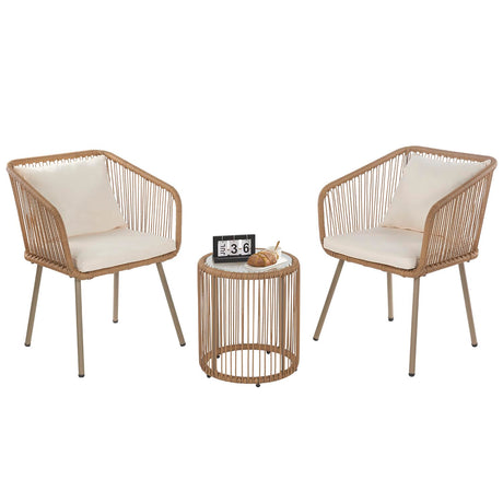 3-Piece Outdoor PE Rattan Bistro Furniture Set Patio Rattan Conversation Set Patio Furniture Set Glass Coffee Table Top and 2 Chairs with Cushions Lumbar Pillows for Yard Garden Porch Bistro, White PayLessHere