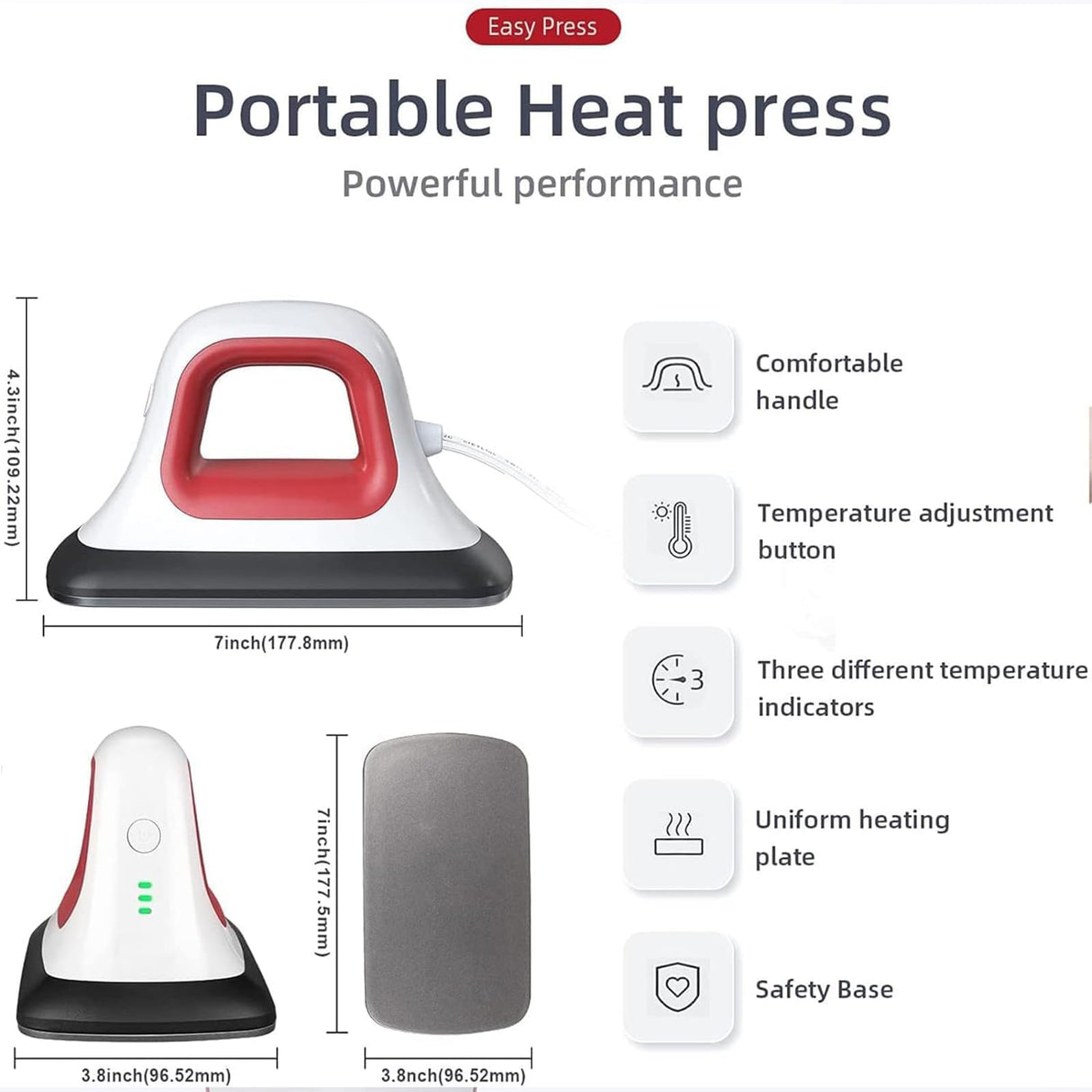 Heat Press - 7" x 3.8" Heat Press Machines for T Shirts Shoes Bags Hats and HTV Vinyl Projects & Portable Easy Iron Press Machine for Heating Transfer HYTIREBY