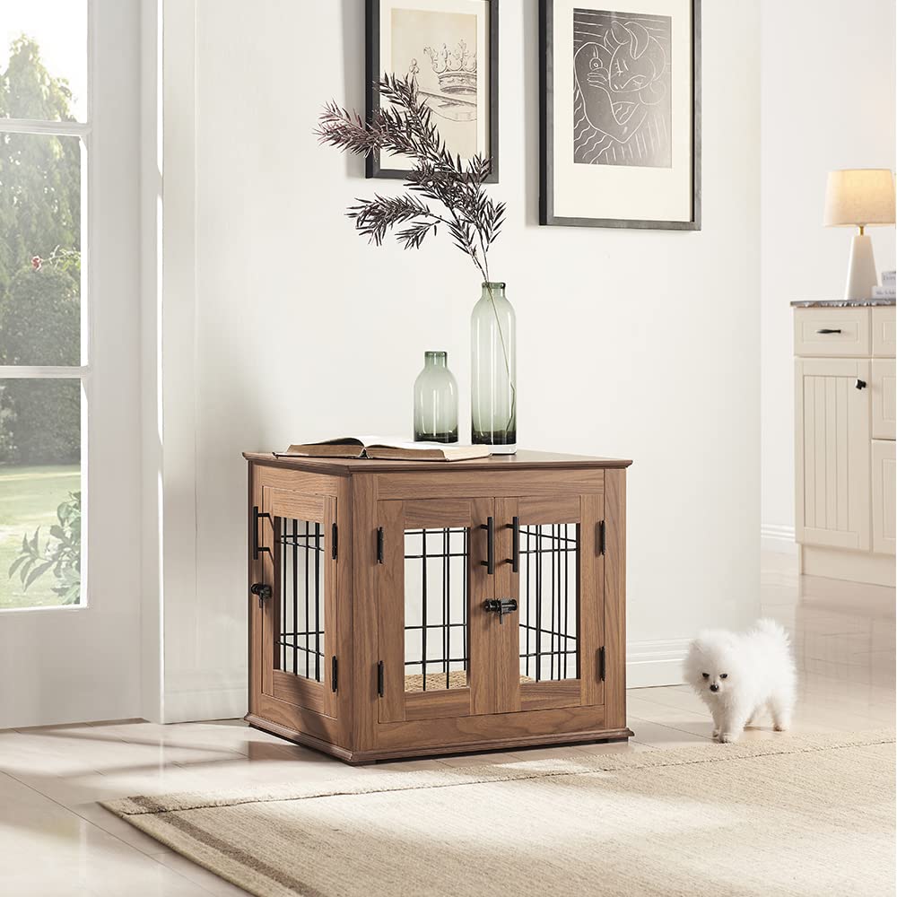 beeNbkks Furniture Style Dog Crate End Table, Double Doors Wooden Wire Dog Kennel with Pet Bed, Decorative Pet Crate Dog House Indoor Medium Large beeNbkks