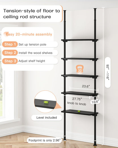 ALLZONE Adjustable 5-Tier Narrow Ladder Bookshelf with Tension Mount for Modern Spaces, Black - WoodArtSupply