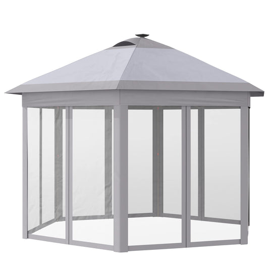 Outsunny 11' x 13' Pop up Gazebo with Netting & Solar LED Lights, Instant Portable Gazebo Shelter, Hexagonal Outdoor Canopy Tent Screen House Room with Carry Bag, Gray