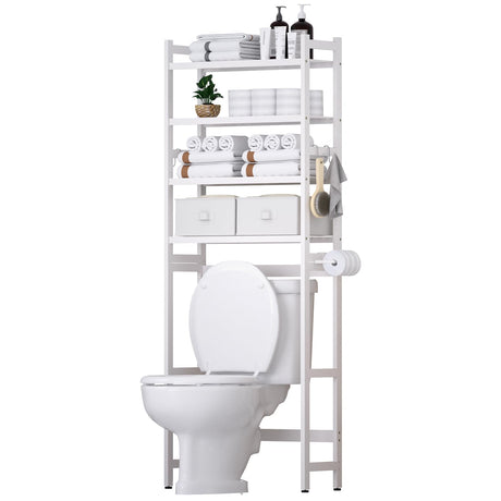 Cozivolife Over The Toilet Storage with 2 Baskets,4-Tier Bamboo Over Toilet Organizer Rack with Paper Holder & 4 Hooks & Waterproof Feet Pad,Freestanding Above Toilet Shelf for Bathroom(White) Cozivolife