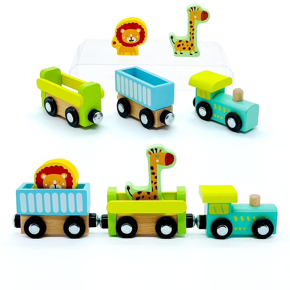 Wooden Trains Cars with Crane Magnetic Train Toys for Wooden Train Tracks Train Sets for Toddlers and Kids Ages 3+ (Zoo Train) SAIBURAZ
