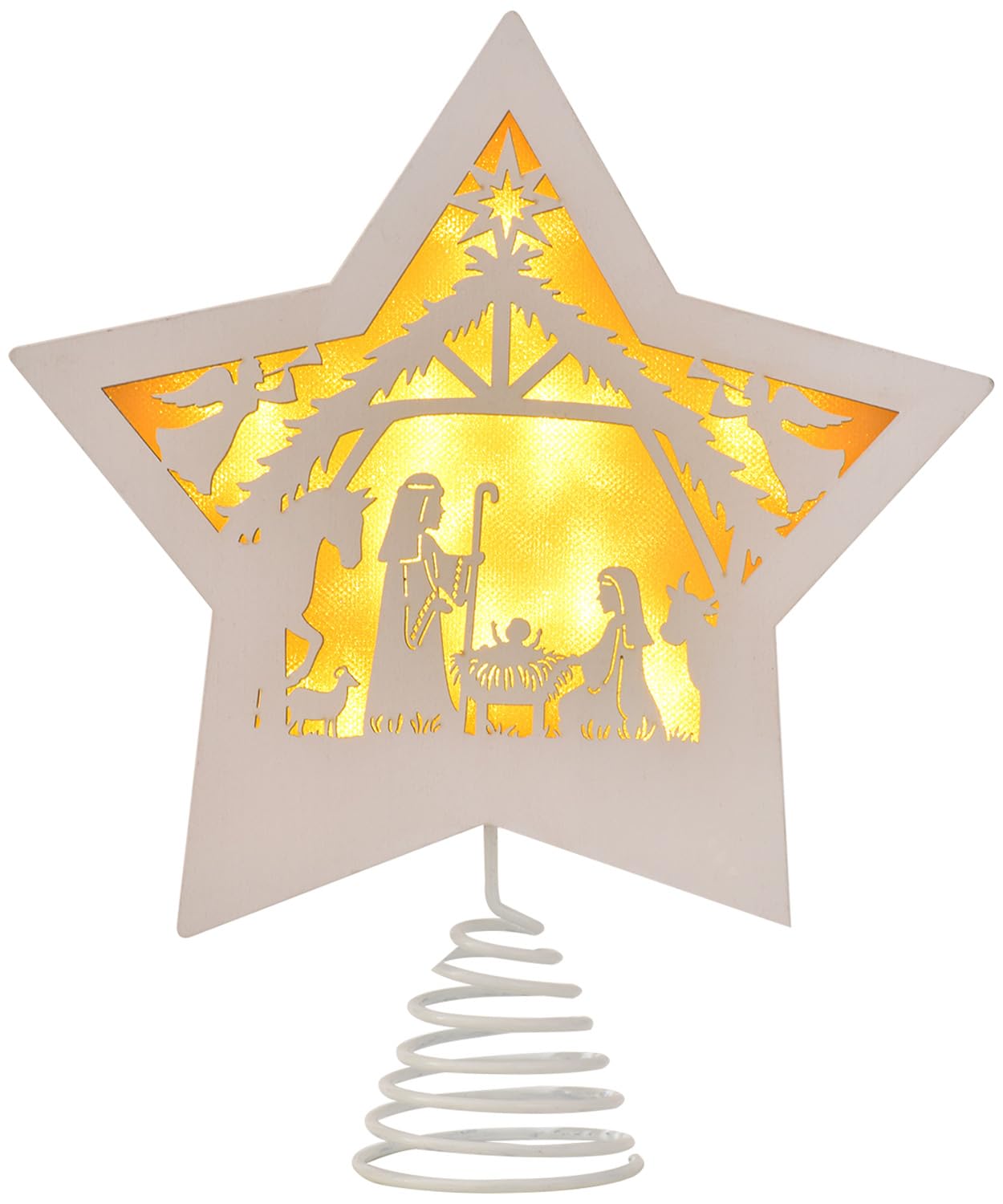 GHOSTMAGIC Christmas Tree Topper Star Nativity 7.87 x 9.25 inches Wooden Xmas Tree Top Star with 3 Modes LED Light Treetop Decoration for Christmas Bar Shop Office Home Decor (White)