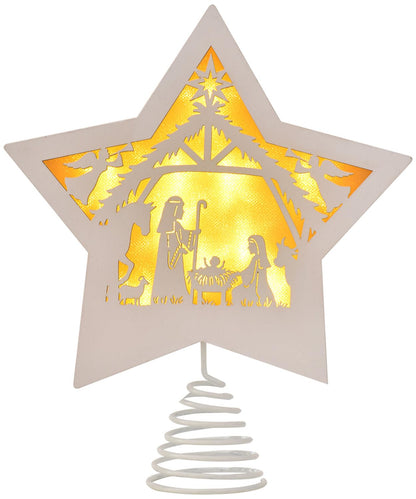 GHOSTMAGIC Christmas Tree Topper Star Nativity 7.87 x 9.25 inches Wooden Xmas Tree Top Star with 3 Modes LED Light Treetop Decoration for Christmas Bar Shop Office Home Decor (White)