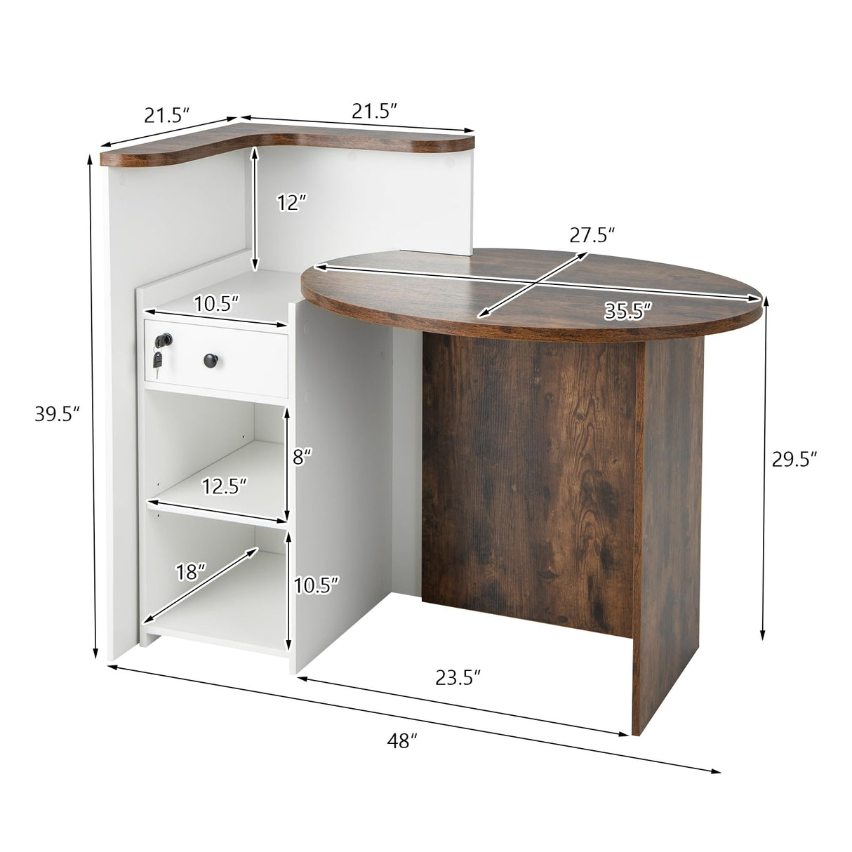 MAT EXPERT Reception Desk, Front Desk with Open Shelves, Lockable Drawer, Round Tabletop, Checkout Counter, Retail Counter, Computer Workstation for Office (White Cabinet & Rustic Brown Desktop) MAT EXPERT