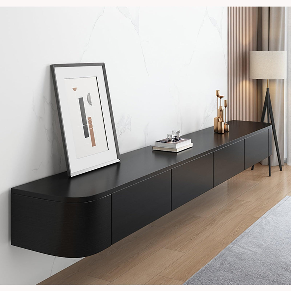 HZAPFUE Floating TV Stand - Wall Mounted Media Console with 2 Drawer, Floating Entertainment Center TV Cabinet, Wall Mounted Audio/Video Shelf for Home Room (Black, 86.61x7.87x9.45IN) HZAPFUE