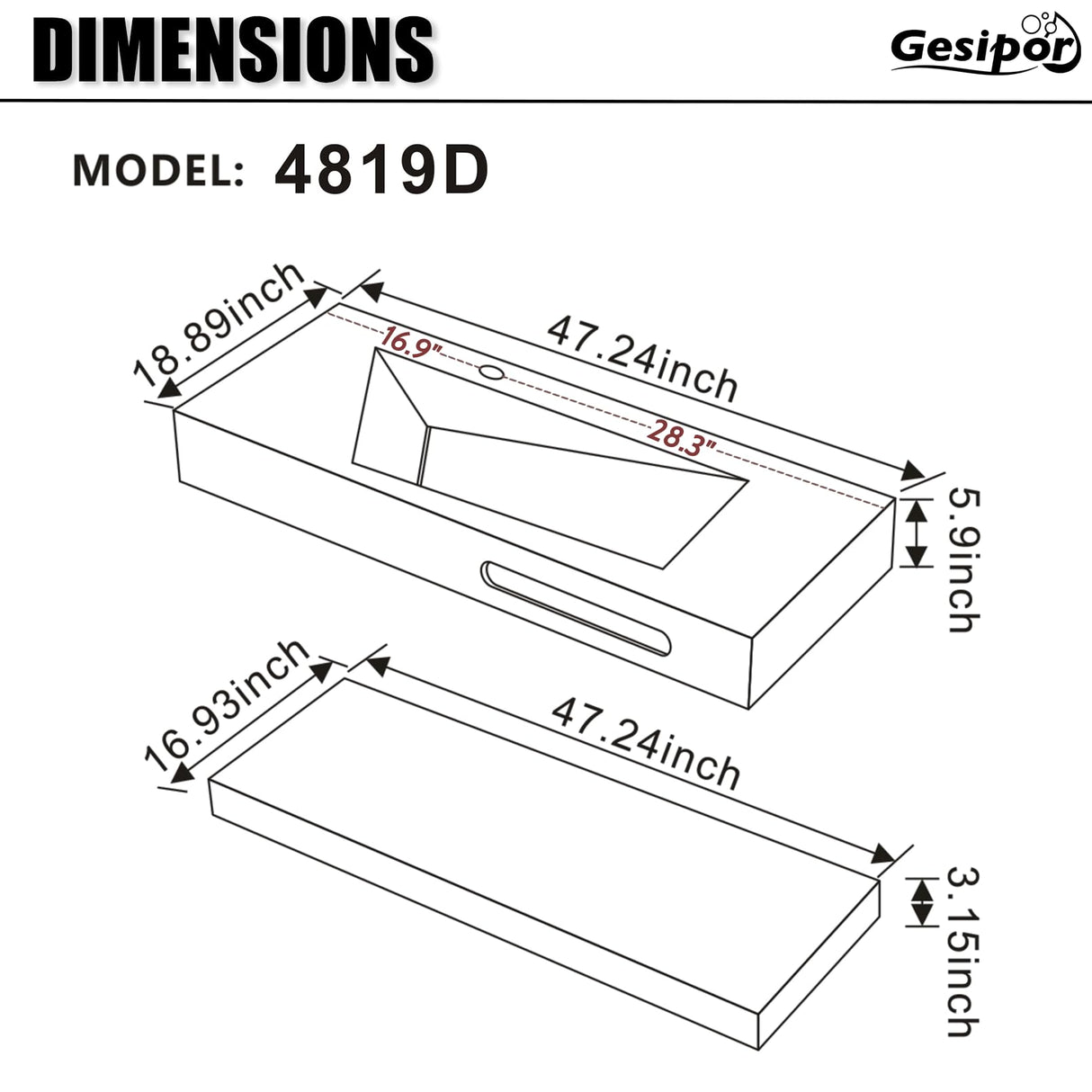 Gesipor 48"x19" Wall-Mount Stone Resin Bathroom Sink Rectangular Vessel Sinks for Bathroom Floating Vanity Sink Trough Modern Art Basin with Shelf Layer GESIPOR