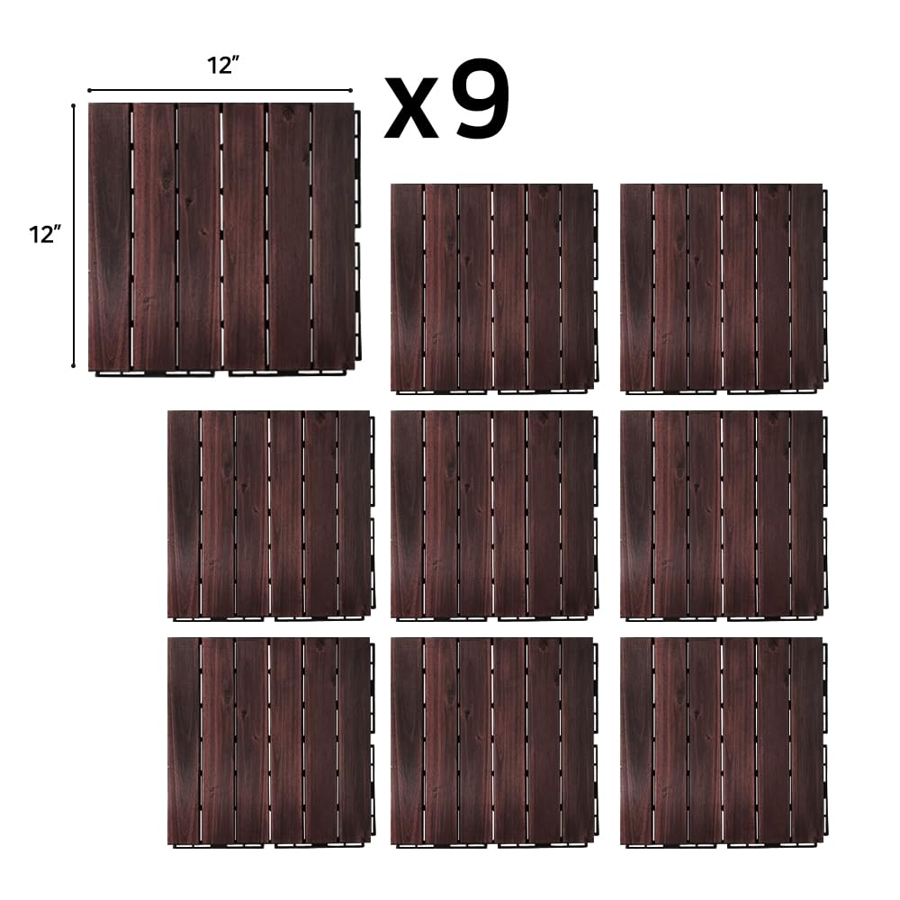 Acacia Hardwood Interlocking Deck Tiles - Walnut Straight - 12"×12" 9pcs - Floor Tiles for Patio and Deck Use Natural Wood Outdoor Decking and Flooring, Rain and Weather Resistant, Heavy Duty