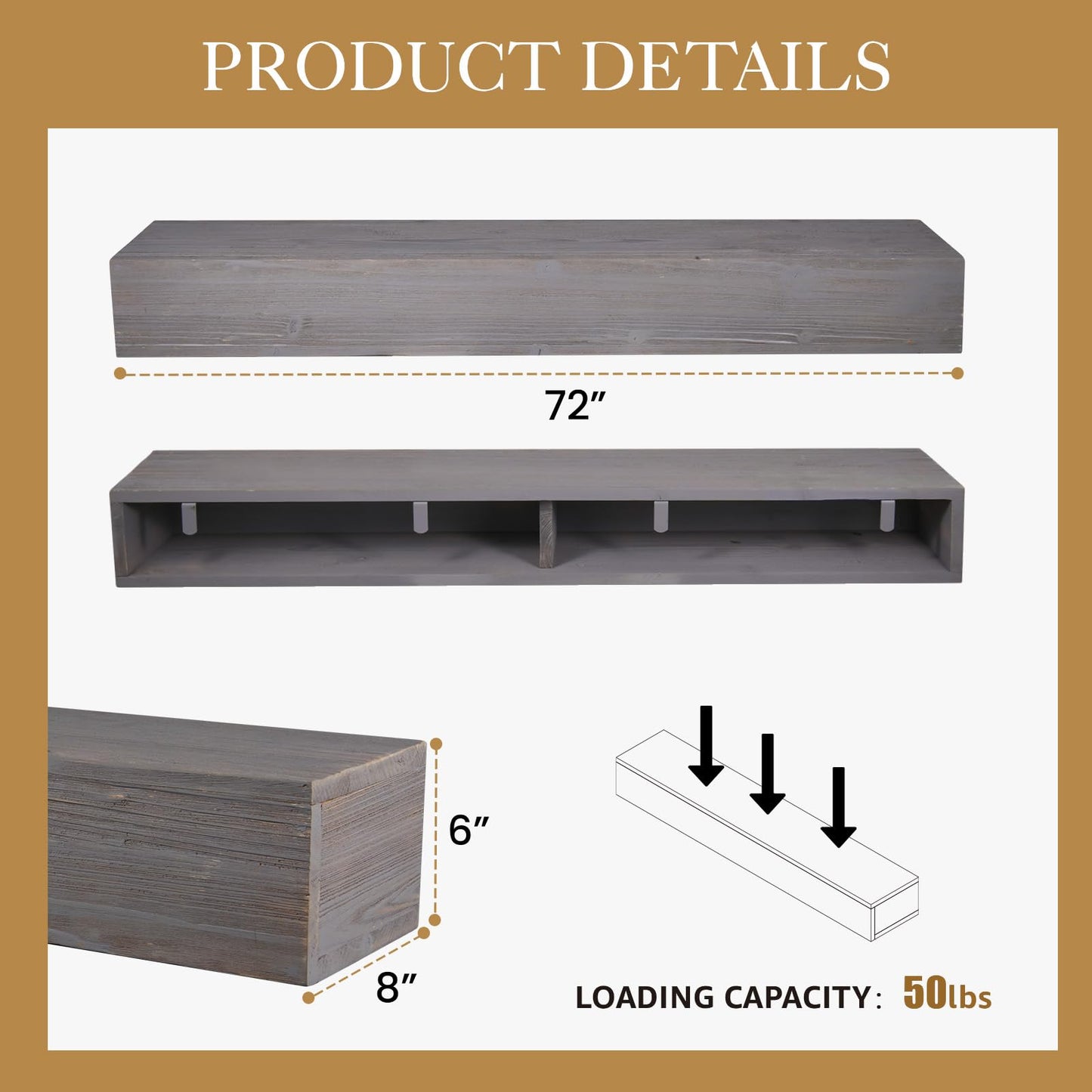 GOLDENPOLEY Fireplace Mantel 72 inches, Floating Fireplace Mantel Shelf for Electric Fireplaces - Rustic Finish with Textured Surface - Easy to Install,72''L x 6''H x 8''D, Grey