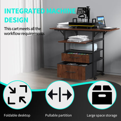 Movable Heat Press Table with Pull-Out Tray, 4 Tier Foldable Heat Press Stand with Drawers - Heat Press Stand with Wheels for Easy Mobility, Heavy Duty Rolling Metal Workbench (Brown)