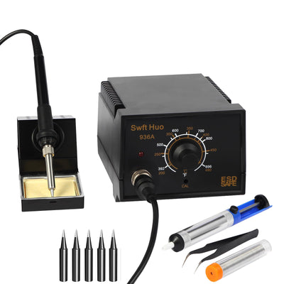 Soldering Iron Station, 936A 60W Soldering Station Kits with 5 Soldering Round Tips, Solder Wire, Tweezers, Desoldering Pump and Rework Station Kit for Electronics (Black)