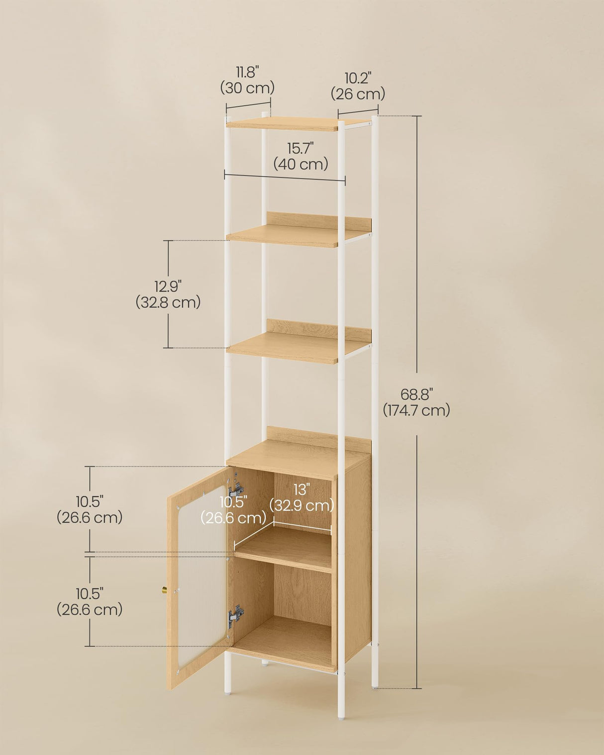 VASAGLE 6-Tier Bookcase, Slim Bookshelf with PC Door, Freestanding Storage Shelf with Metal Frame, Adjustable Shelf, for Living Room, Oak Beige and Pearl White ULLS123W57 VASAGLE