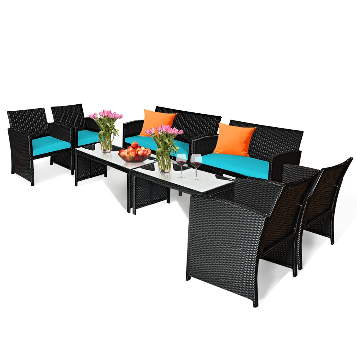 Tangkula 8 Pieces Patio Wicker Conversation Furniture Set, Patiojoy Sofa & Table Set w/4 Seats, Outdoor Rattan Sofa Set for Balcony Backyard, Wicker Chair Set with Tempered Glass Coffee Table Tangkula