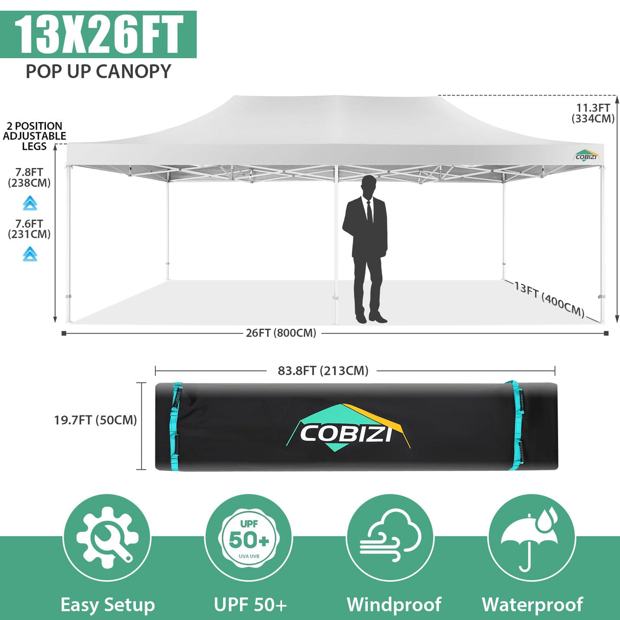 COBIZI 13x26 Pop Up Tent 13x26 Canopy with Sidewalls Heavy Duty Canopy Party Tent for Parties, Outdoor Wedding Large Event Tent Wind Waterproof UPF 50+ Ez Up in Garden Lawn with Roller Bag, White COBIZI