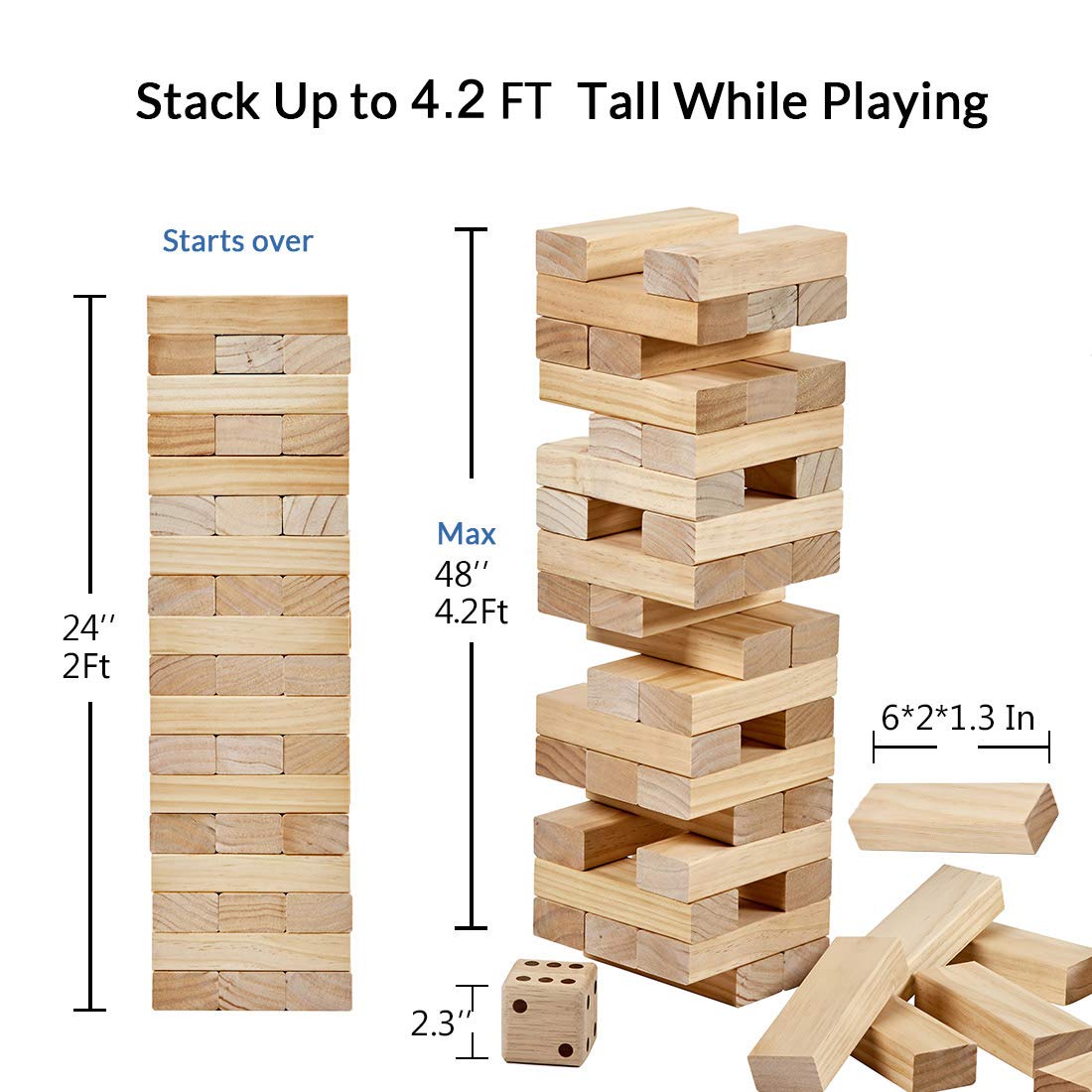 ApudArmis Giant Tumble Tower (Stack from 2Ft to Over 4.2Ft), 54 PCS Pine Wooden Stacking Timber Game with 1 Dice Set - Classic Block Giant Outdoor Game for Teens Adults Family ApudArmis