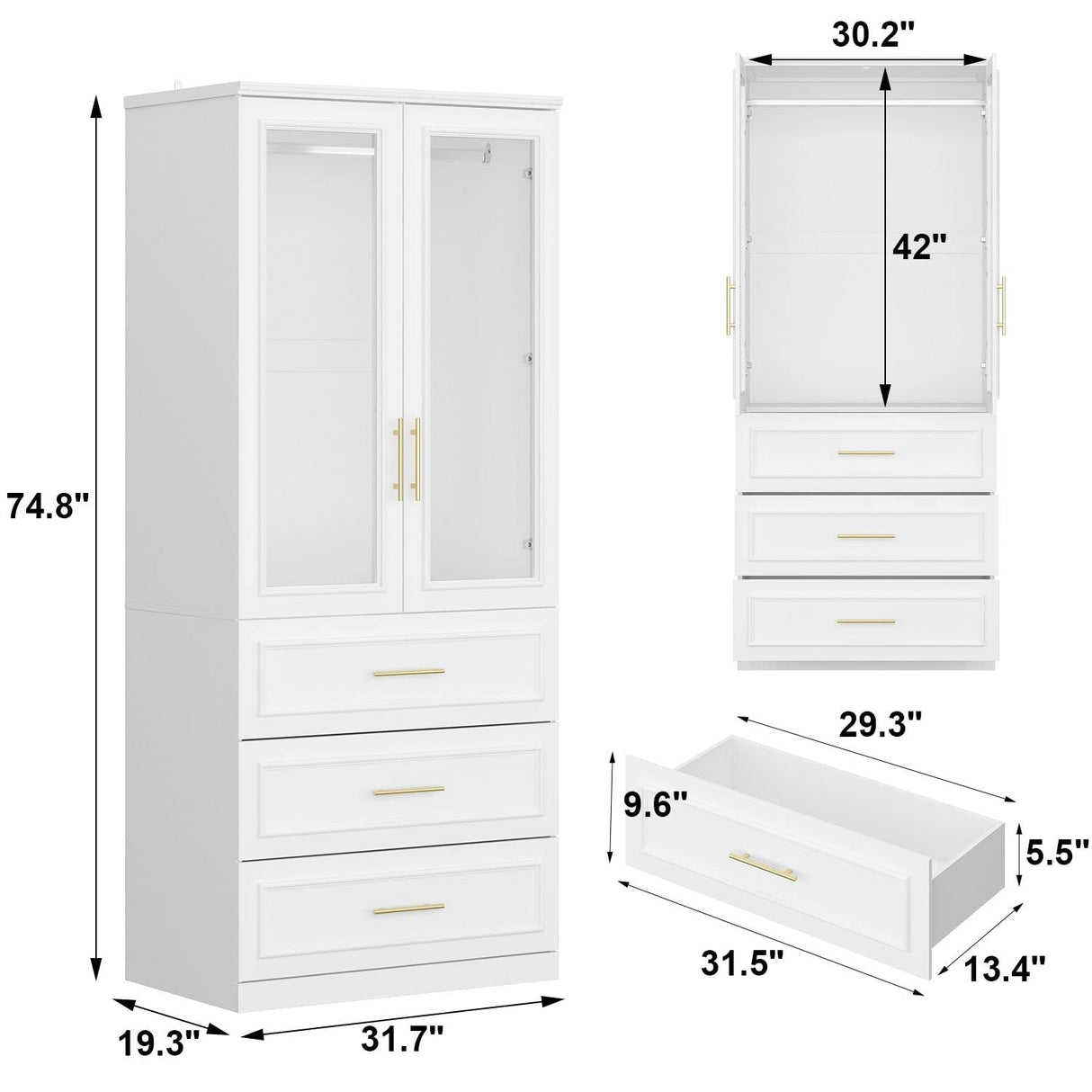 FAMAPY Wardrobe Closet with 2 Glass Doors & 3 Drawers, Armoire Wardrobe Closet with Hanging Rod, Gold Metal Handles, Bedroom Armoire Closet White (31.7”W x 19.3”D x 74.9”H) FAMAPY