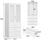 FAMAPY Wardrobe Closet with 2 Glass Doors & 3 Drawers, Armoire Wardrobe Closet with Hanging Rod, Gold Metal Handles, Bedroom Armoire Closet White (31.7”W x 19.3”D x 74.9”H) FAMAPY
