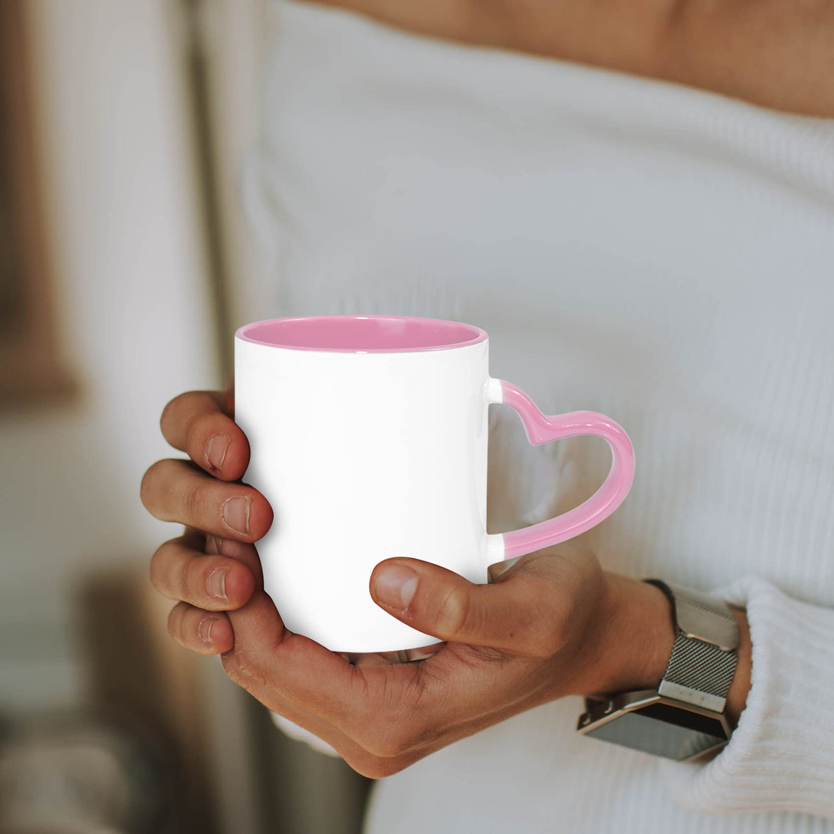 MR.R 11oz Sublimation Blank Coffee Mugs,Cup Blank White Mug Cup with Pink Color Mug Inner and Heart Handle,Set of 2 MR.R