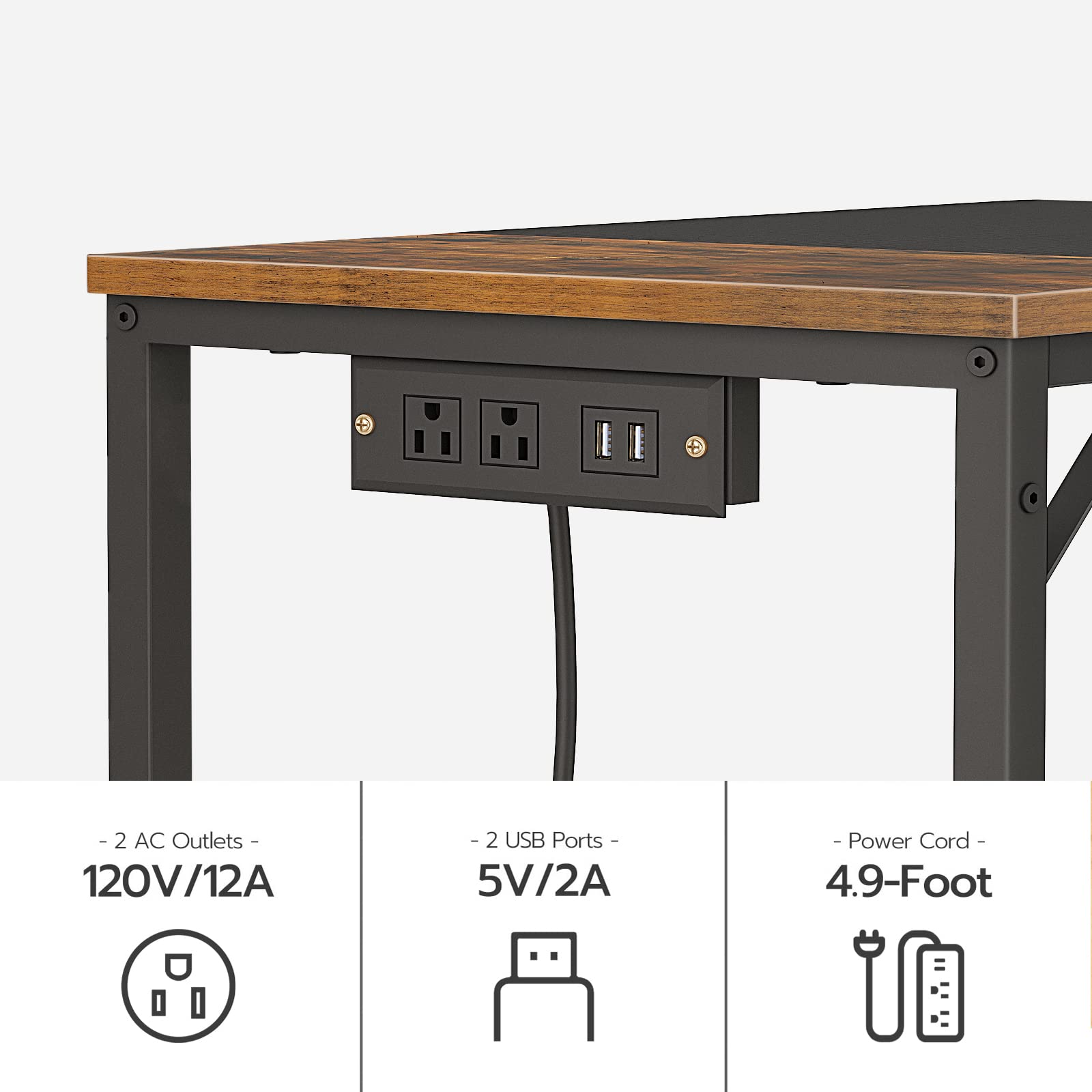 HOOBRO Computer Desk, Home Office Desk with Power Outlet, Modern Study Writing Desk with 3 Hooks for Study Room, Home Office, Sturdy and Stable, Easy to Assemble, Rustic Brown and Black BF40U - WoodArtSupply