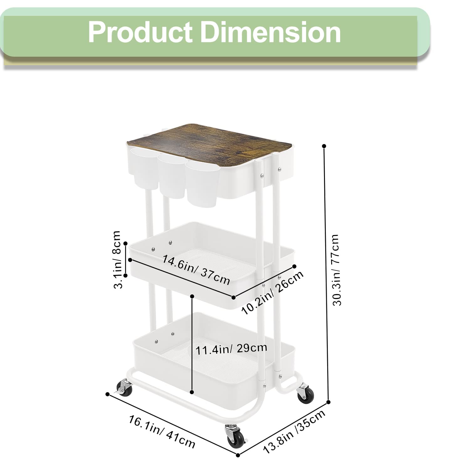 3-Tier Metal Utility Rolling Cart Storage Side End Table with Cover Board for Office Home Kitchen Organization, Cream White - WoodArtSupply