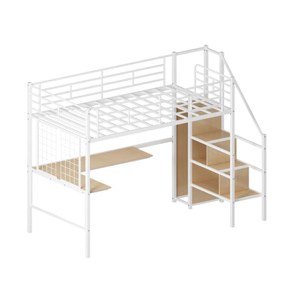 Twin Loft Bed with Desk and Storage Shelf, Metal Kids Loft Bed with Stairs, Wardrobe and Metal Grid, Twin Size Loft Bed for Kids, Girls, Boys, No Box Spring Needed, White Loft Bed Twin Size