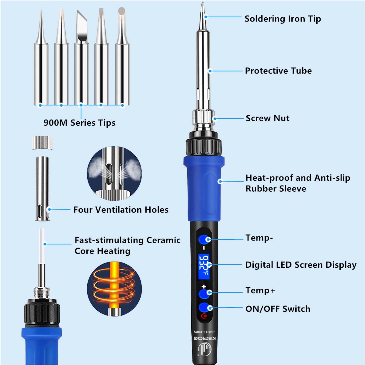 KEPIOG Soldering Iron Kit, High Power 100W Soldering Iron Fast Heating, Circuit Board Soldering Repair Tools with Magnifying Glass Soldering Helper, 12 in 1 Adjustable Digital Soldering Kit. KEPIOG