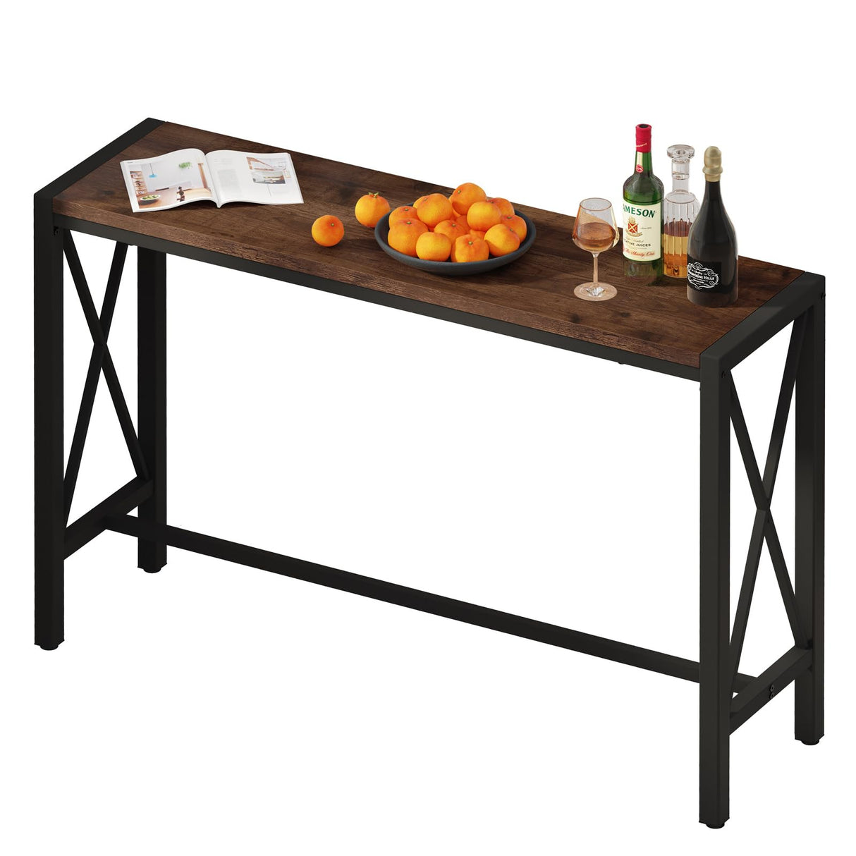 Rustic Oak BON AUGURE 55" Counter Height Bar Table - Tall Pub Console for Dining and Living Spaces BON AUGURE