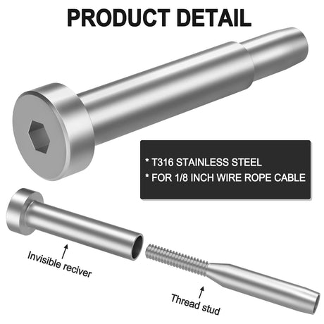 BLIKA 40 Pack 3/16" Invisible Cable Railing Kit, Stainless Steel Invisible Receiver and Swage Stud End, Cable Railing Tensioner 3/16" for 2"x2", 4"x4" Wood/Metal Posts, 3/16" Cable Railing Hardware BLIKA