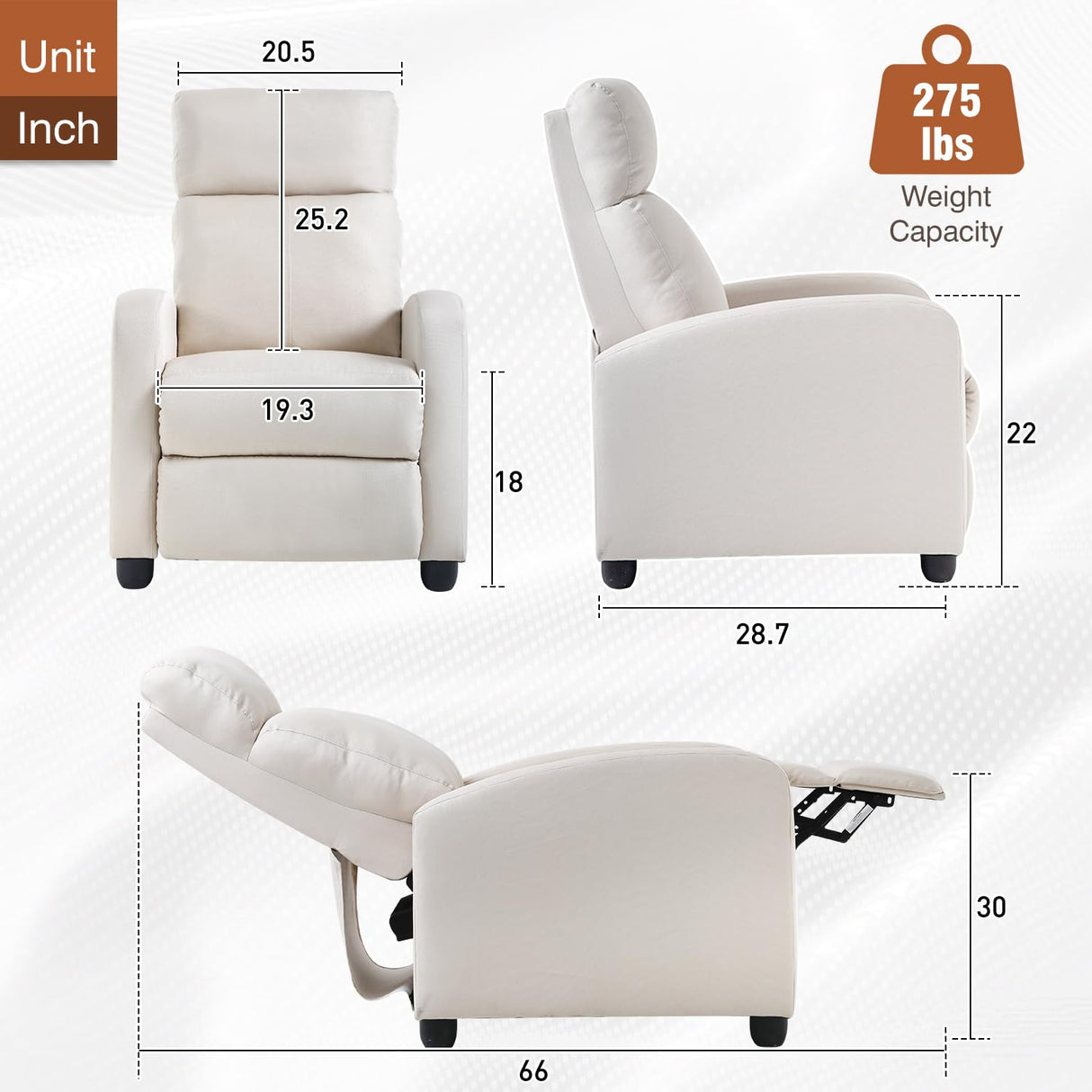 BestMassage | Recliner Chair | No Massage Function | Textile Beige | with Lumbar Support, Adjustable Push Back, Wide Armrests, Footrest & Padded Seat | Easy Assembly | for Living Room, Home Theatre BestMassage