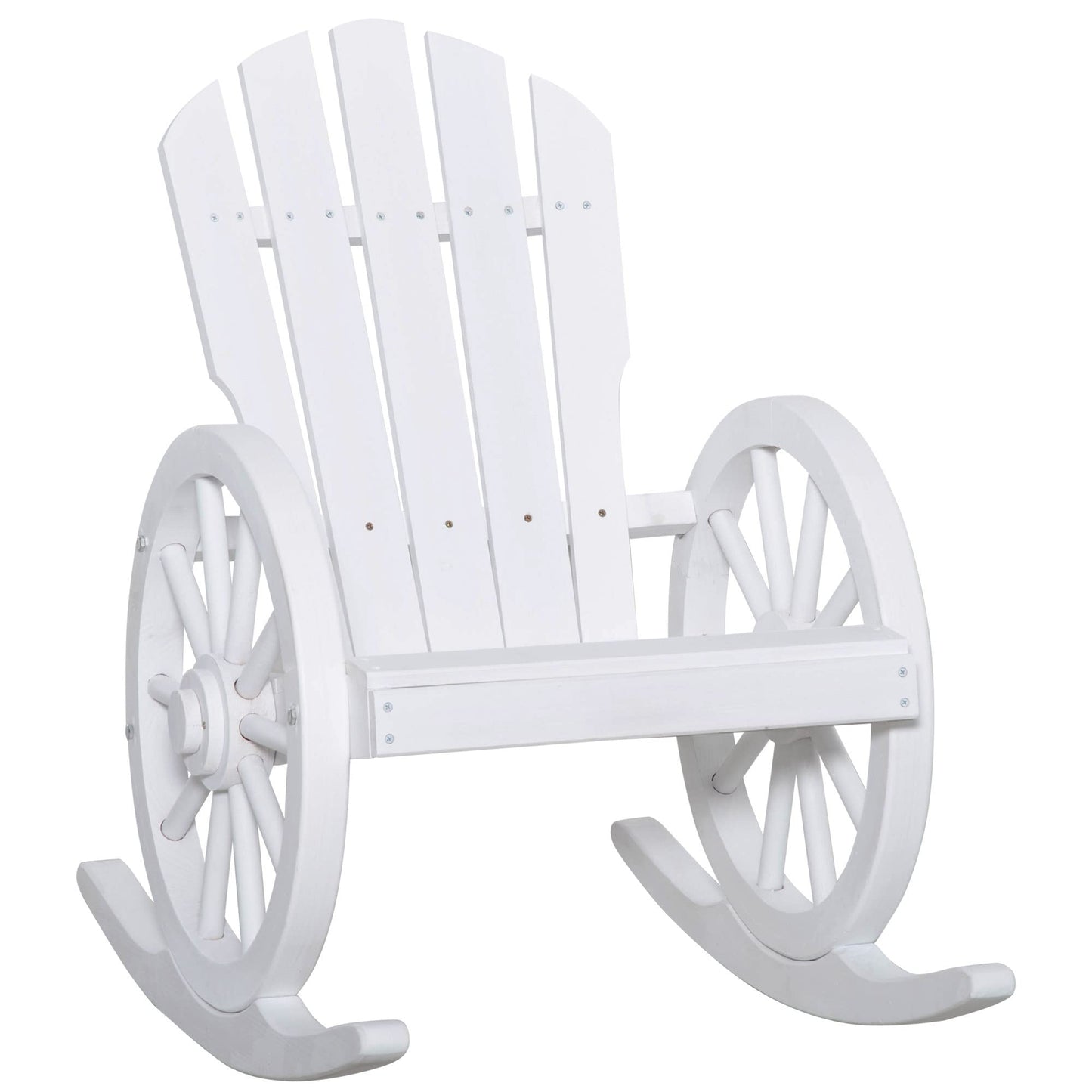 Outsunny Wooden Rocking Chair, Adirondack Rocker Chair w/Slatted Design, and Oversize Back, Outdoor Rocking Chairs with Wagon Wheel Armrest for Porch, Poolside, and Garden, White