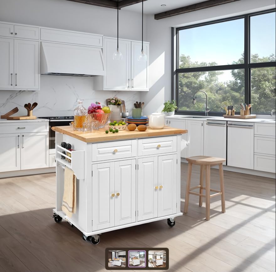 Finnhomy Rolling Kitchen Island With Drop Leaf, Thicken Rubberwood Top, Spice Rack, Towel Rack, Drawer, 43.3" Portable Mobile Kitchen Island Carts Table, Storage Cabinet, Both Wheels and Feet Included Finnhomy