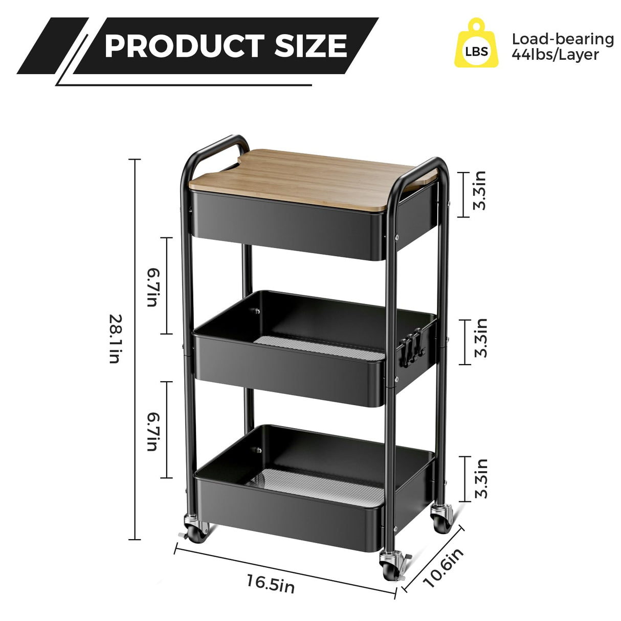 johgee 3 Tier Rolling Cart with Table top, Metal Utility Cart, Sturdy Storage Organizer Cart with Locking Wheels & Hooks for Office, Classroom, Kitchen and Bathroom johgee