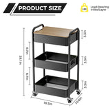 johgee 3 Tier Rolling Cart with Table top, Metal Utility Cart, Sturdy Storage Organizer Cart with Locking Wheels & Hooks for Office, Classroom, Kitchen and Bathroom johgee