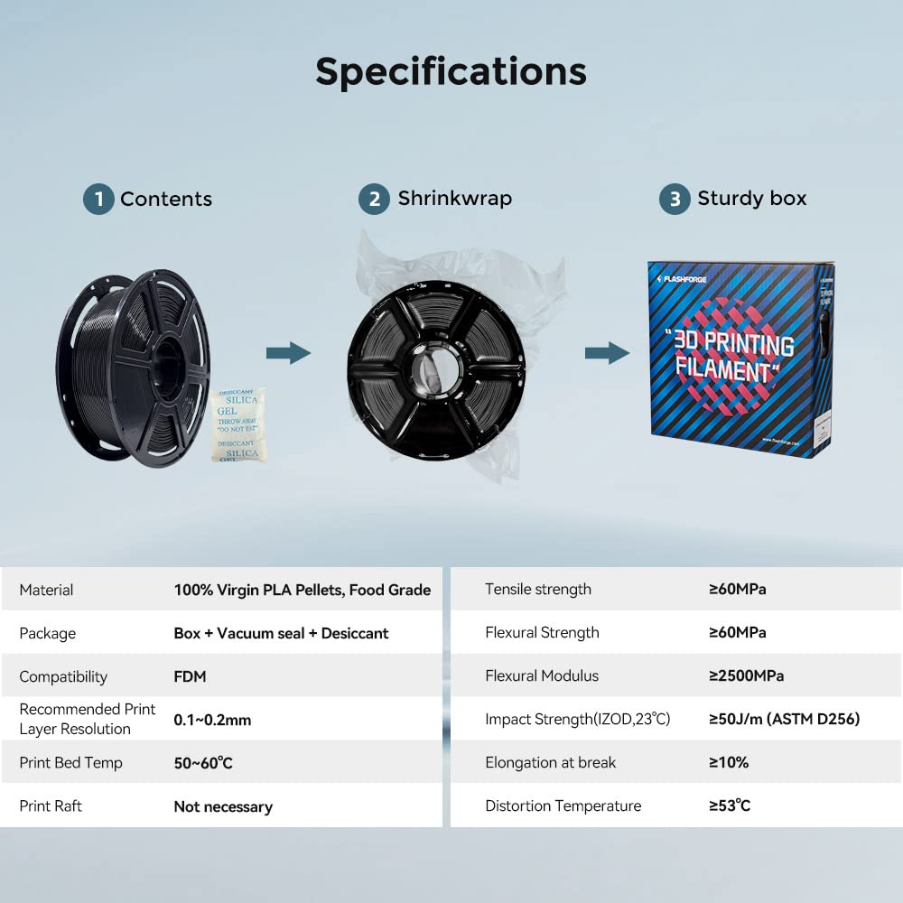 FLASHFORGE 3D Printer Filament, PLA PRO Filament 1.75mm, 1KG Spool (2.2lbs), Dimensional Accuracy +/- 0.02mm for FDM 3D Printers, Better Tenacity & No Knotting (Black) FLASHFORGE