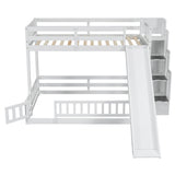 jurmiture Bunk Beds Twin Over Full Size, Pine Solid Wooden Bunk Bed with Slide, Storage Staircase, Safety Guardrails for Kids, White jurmiture
