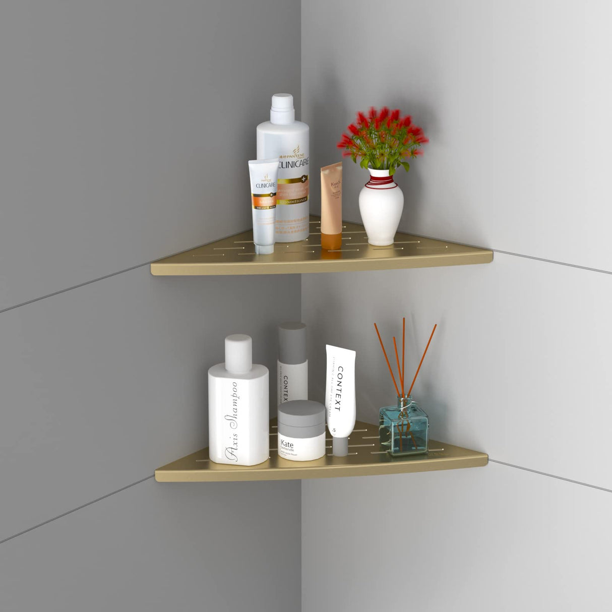 Qeke Corner Shower Shelf Brushed Golden, 304 Stainless Steel 11.5” Recessed Corner Shelf Bathroom for Tiled Wall, Floating Shower Shelves Shampoo Holder, No Drilling, 2 Pack Qeke