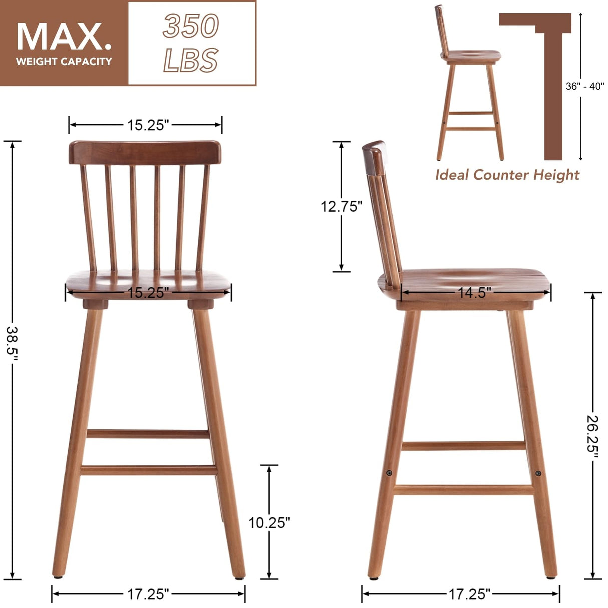 chairus 26" Farmhouse Wooden Bar Stools Set of 2, Windsor Spindle Back Counter Height Stools, Modern Armless Bar Chairs for Kitchen Island Dining Room Cafe, Walnut Brown chairus