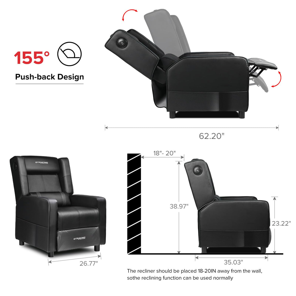GTRACING Gaming Recliner Chair with Bluetooth Speakers Racing Style Single Gaming Sofa Modern Living Room Recliners Ergonomic Comfortable Massage Home Theater Seating, Black GTRACING