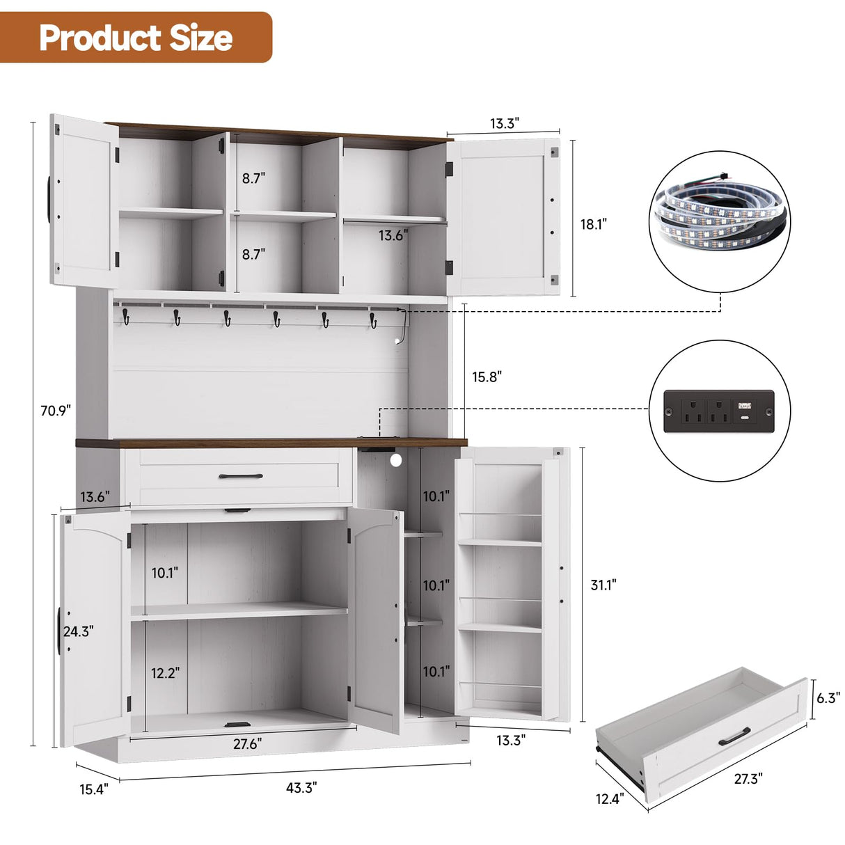 ONBRILL 71" Pantry Cabinet, Kitchen Pantry Storage Cabinet with LED Light & Outlet, Kitchen Hutch with Microwave Shelf & 6 Hook, Door Shelf & Drawer & Adjustable Shelf, Dining Room, Off White+Walnut ONBRILL